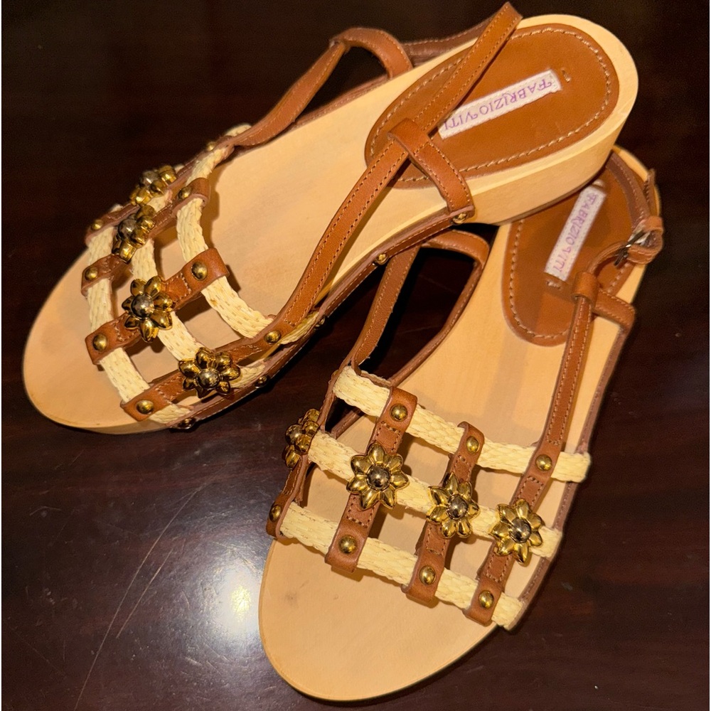 FABRIZIO VITI
Brown Leather Colorblock Pattern Slingback Sandals